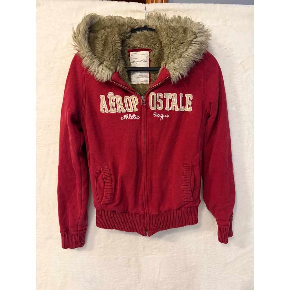 Aeropostale Women Large Red Faux Fur Lined Full Zip Hoodie Athletic League Logo